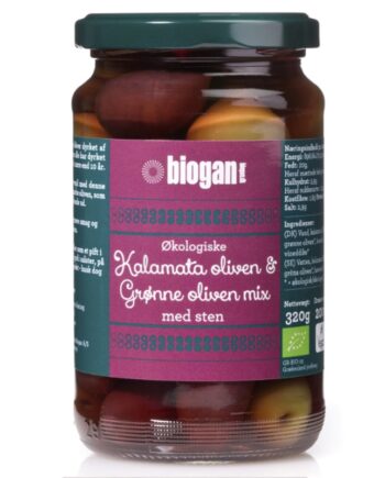 Biogan   økologiske Kalamata Oliven   Grønne Oliven Mix   Med Sten