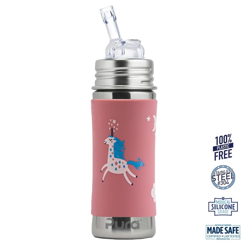 Pura Kiki Straw Baby Sutteflaske 6 Mdr Enhjørning 325ml Fast Flow