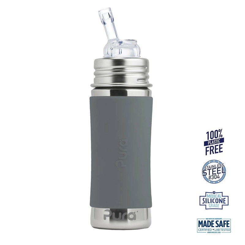 Pura Kiki Straw Baby Sutteflaske 6 Mdr Grey 325ml Fast Flow