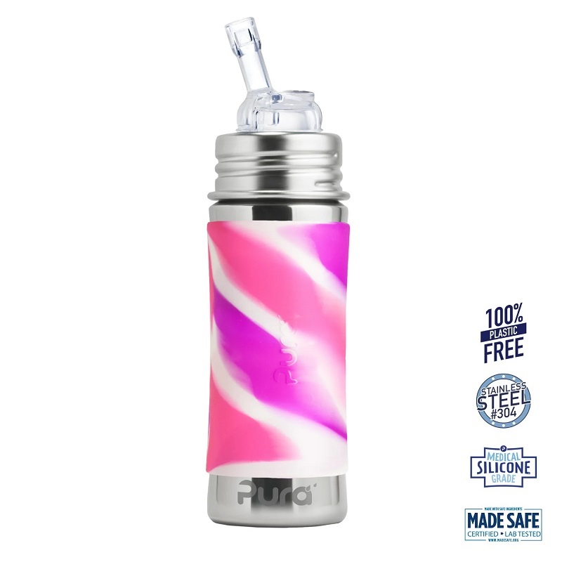 Pura Kiki Straw Baby Sutteflaske 6 Mdr Pink Rosa Hvid 325ml Fast Flow