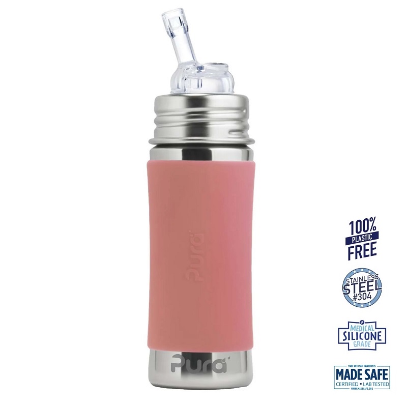 Pura Kiki Straw Baby Sutteflaske 6 Mdr Rosa 325ml Fast Flow