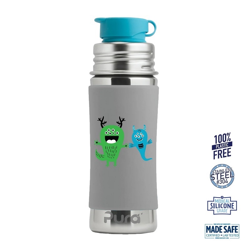 Pura Big Mouth Sportsflaske Grey Cartoon 325ml