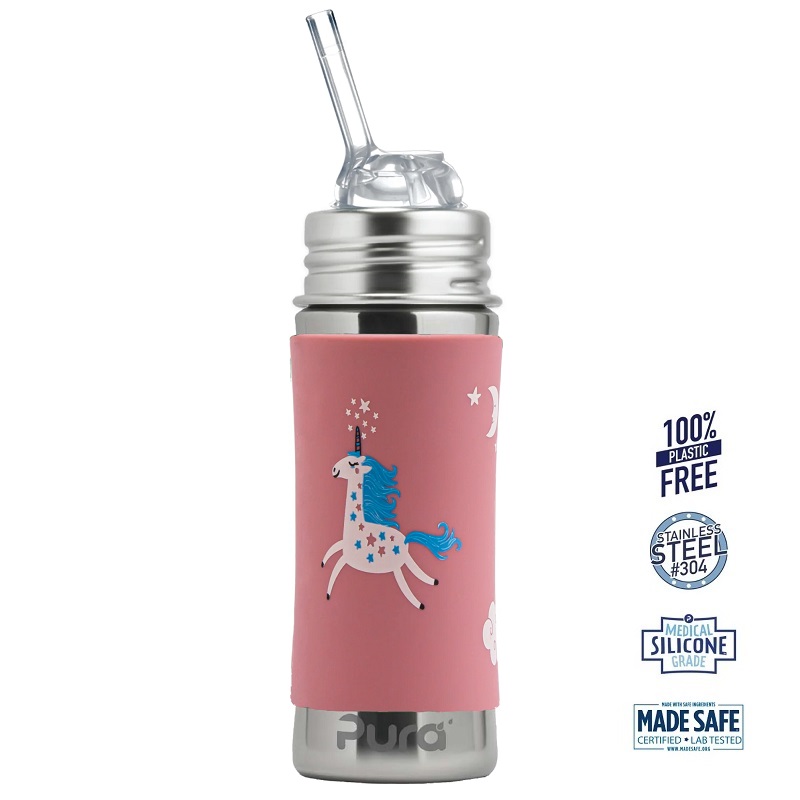 Pura Kiki Straw Baby Sutteflaske 6 Mdr Enhjørning 325ml Fast Flow