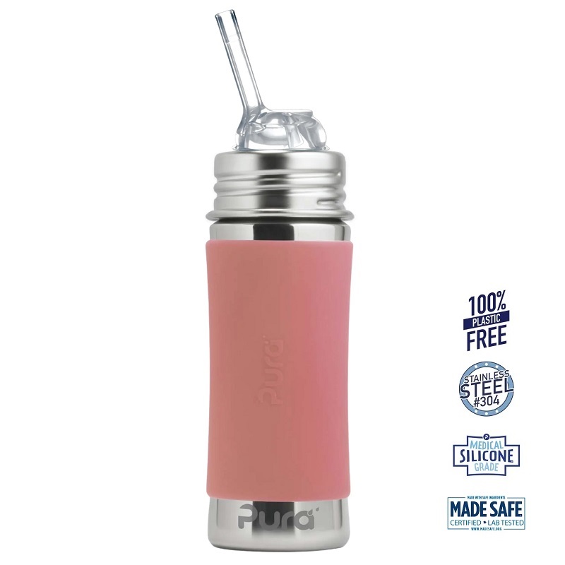 Pura Kiki Straw Baby Sutteflaske 6 Mdr Rosa 325ml Fast Flow