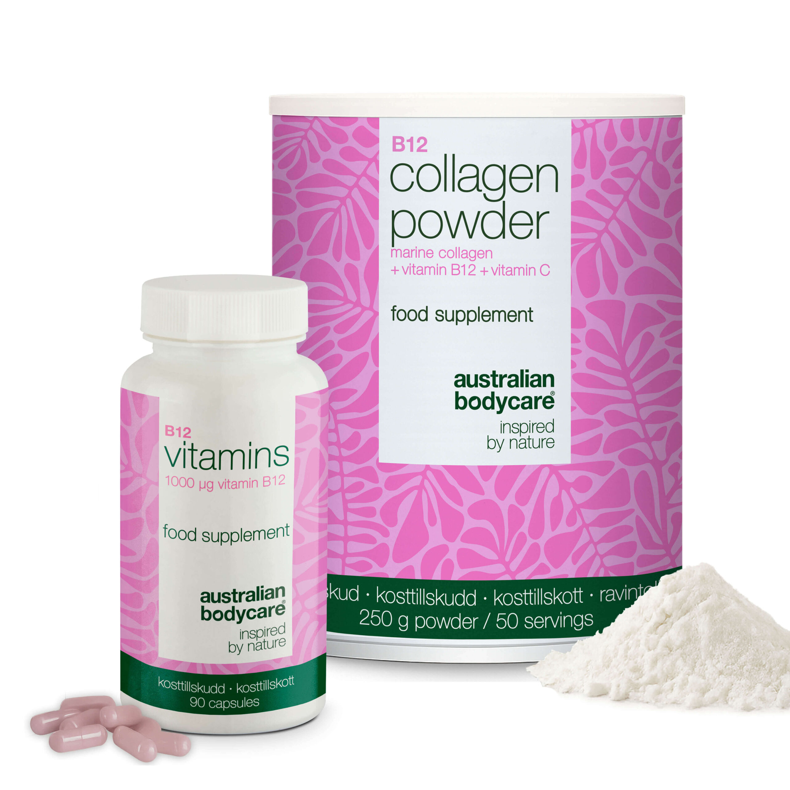 Kollagen Vitamin B12 Bundle 250 G Kollagenpulver 90 B12 Kapsler ? Daglig Rutine Med Marint Kollagen C Vitamin Til Normal Kollagendannelse I Huden Og Højdosis Vitamin B12 1000 ? G
