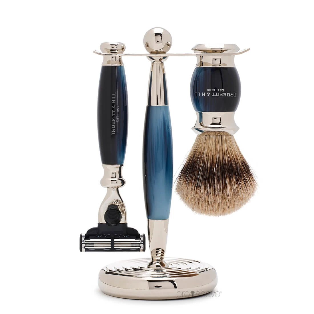 Truefitt   Hill Barbersæt Med Fusion Skraber  Grævlingebørste Og Holder  Edwardian  Faux Blue Opal