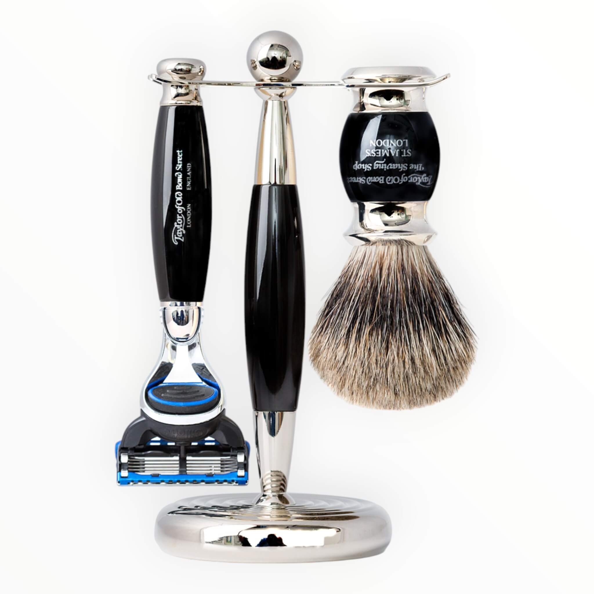 Taylor Of Old Bond Street Barbersæt Med Fusion Skraber  Pure Badger Barberkost Og Holder  Sort