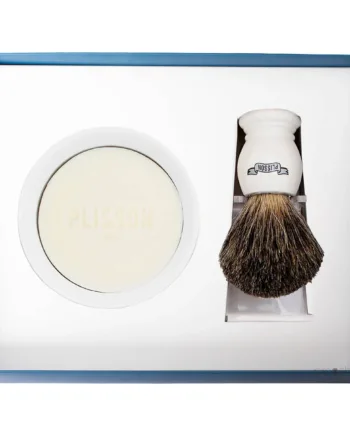 Plisson 1808 Startsæt Med Russian Grey Badger Barberkost  Holder Og Porcelænsskål Med Barbersæbe  Hvid