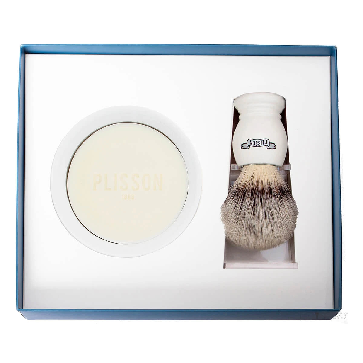 Plisson 1808 Startsæt Med High Mountain White Fibre Barberkost Holder Og Porcelænsskål Med Barbersæbe Hvid