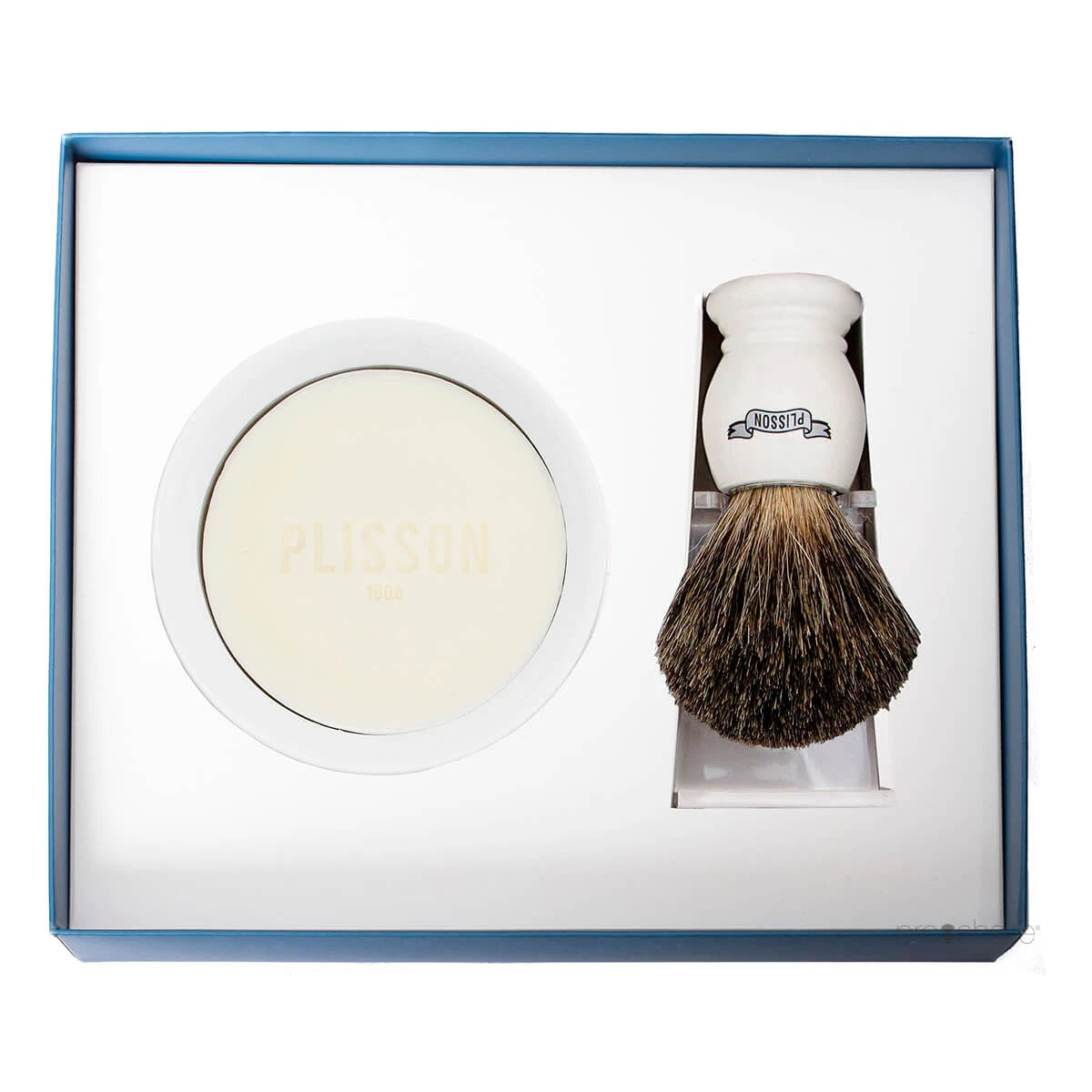 Plisson 1808 Startsæt Med Russian Grey Badger Barberkost Holder Og Porcelænsskål Med Barbersæbe Hvid