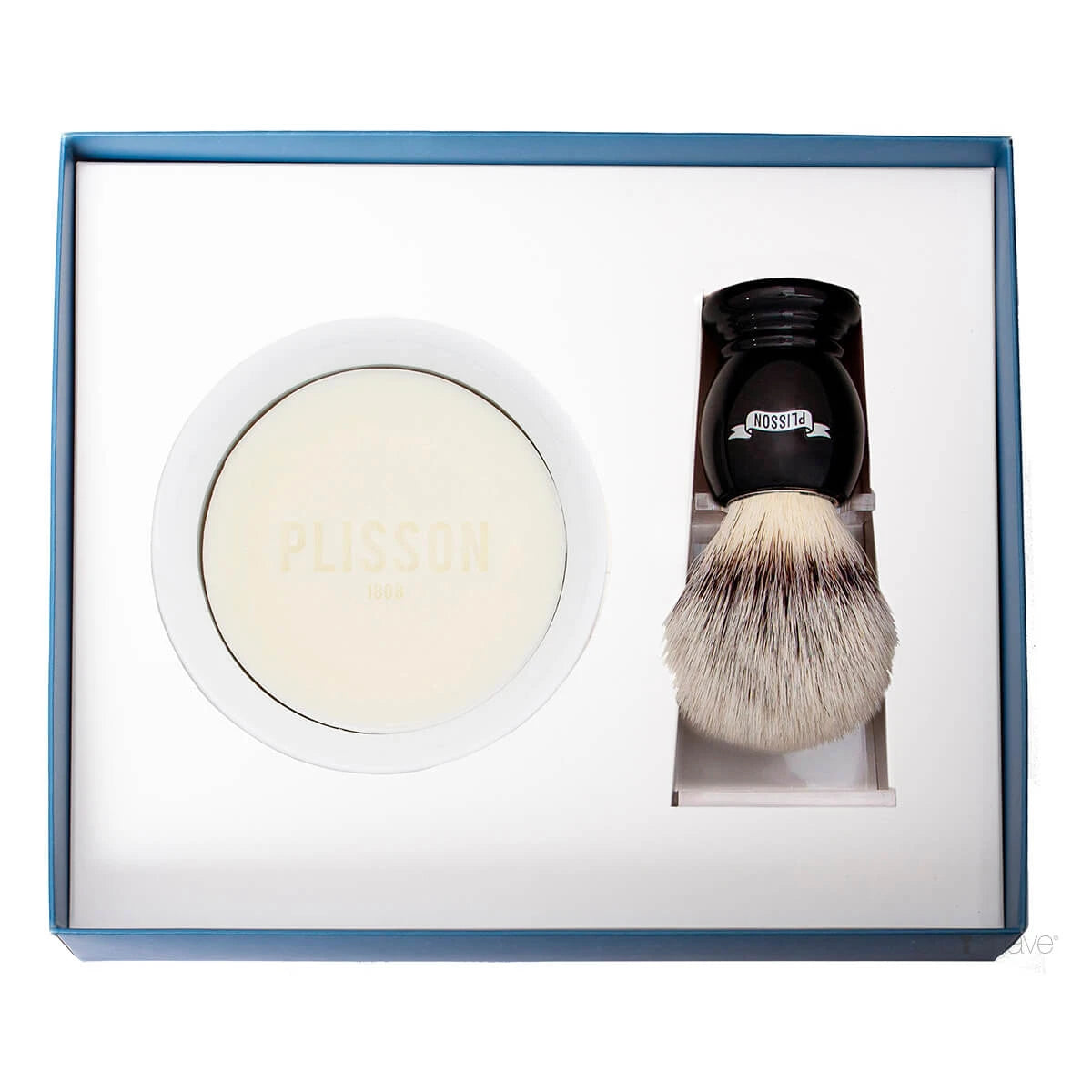 Plisson 1808 Startsæt Med High Mountain White Fibre Barberkost Holder Og Porcelænsskål Med Barbersæbe Sort