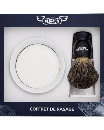 Plisson 1808 Startsæt Med Russian Grey Badger Barberkost  Holder Og Porcelænsskål Med Barbersæbe  Sort