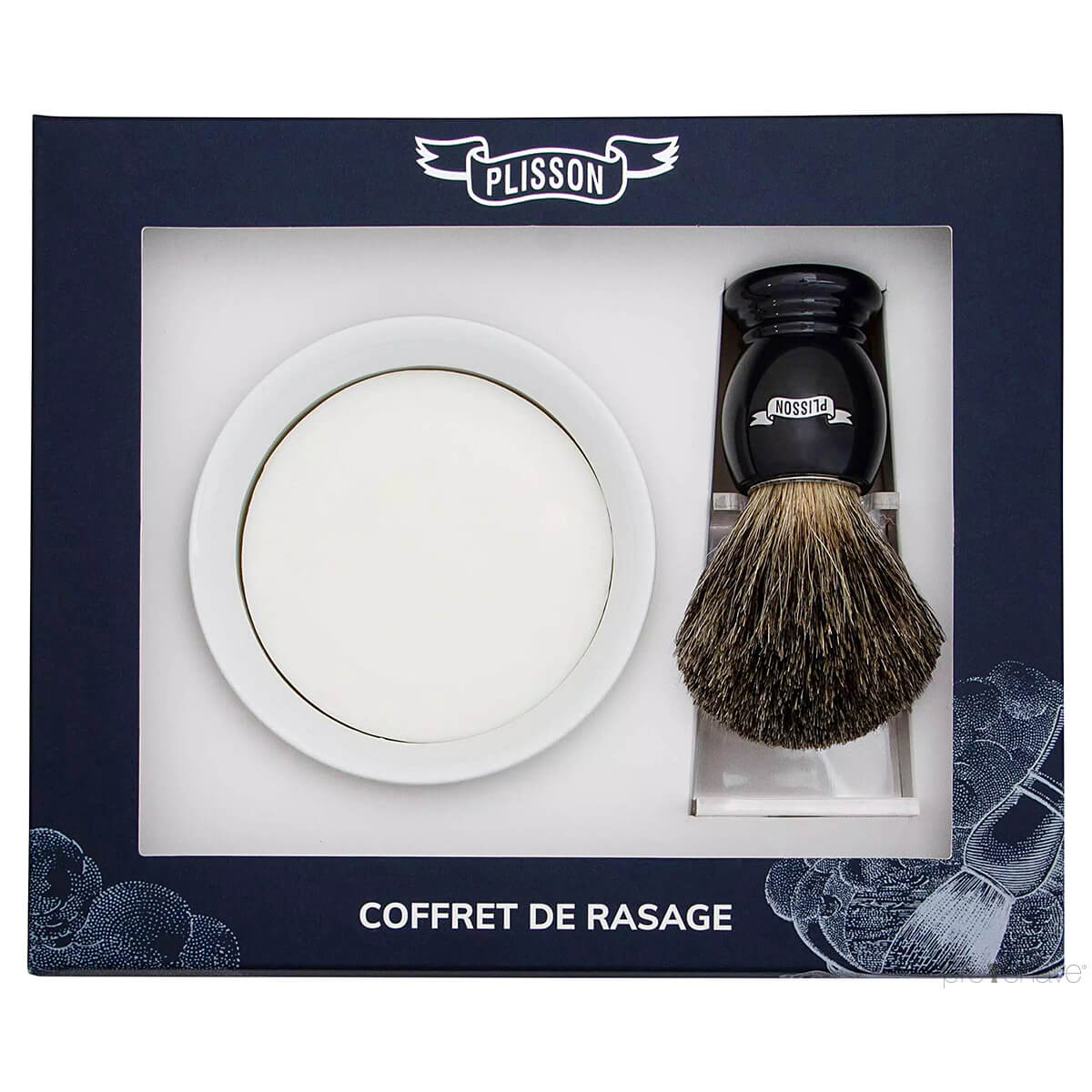 Plisson 1808 Startsæt Med Russian Grey Badger Barberkost Holder Og Porcelænsskål Med Barbersæbe Sort