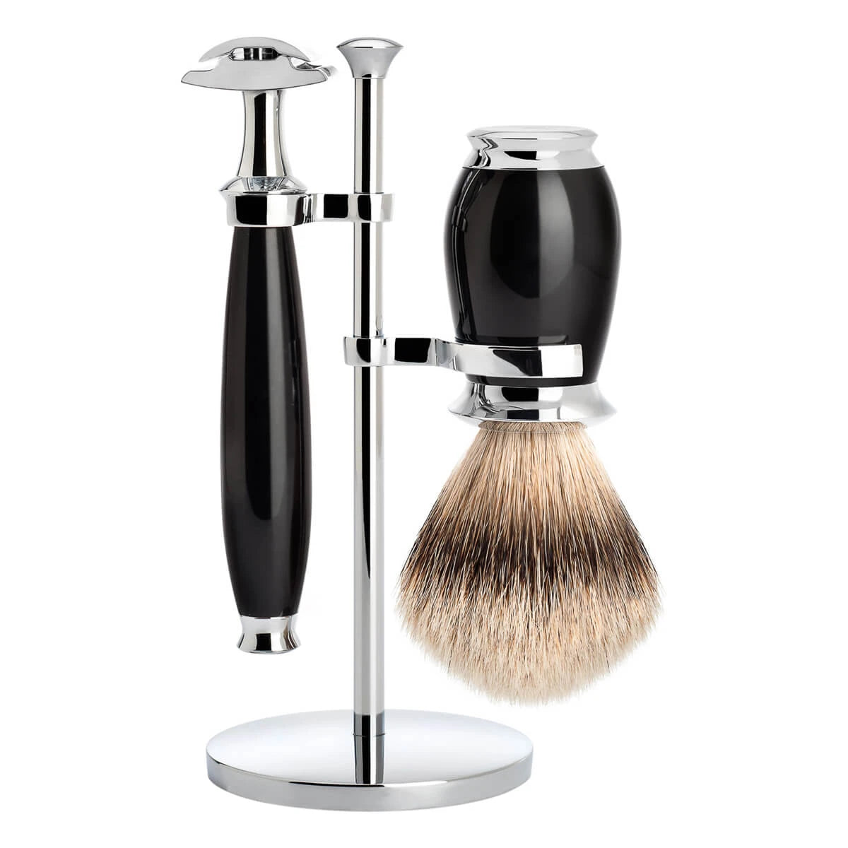 M? Hle Shaving Barbersæt Med De Skraber  Silvertip Barberkost Og Holder  Purist  Sort Kunstharpiks