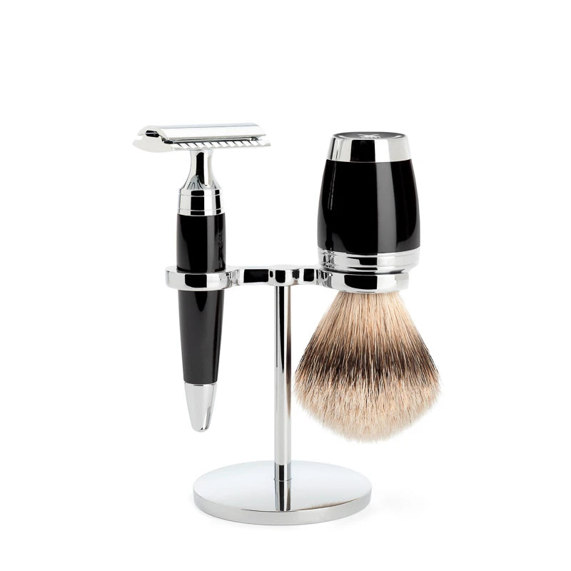 M? Hle Shaving Barbersæt Med De Skraber  Silvertip Barberkost Og Holder  Stylo  Sort Kunstharpiks