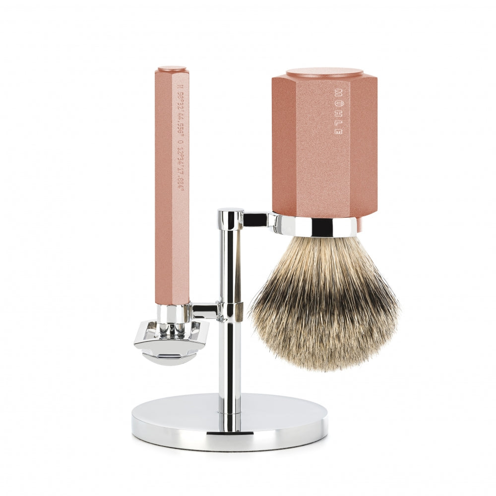 M? Hle Shaving Mark Braun Barbersæt Med De Skraber Silvertip Barberkost Og Holder Hexagon Aluminium Sunrise