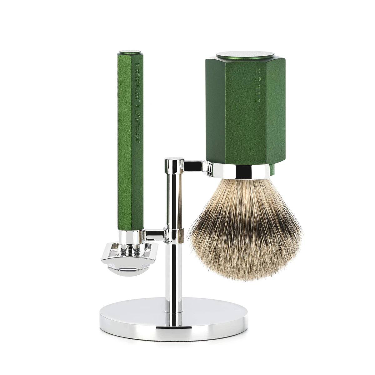 M? Hle Shaving Mark Braun Barbersæt Med De Skraber  Silvertip Barberkost Og Holder  Hexagon  Aluminium Forest