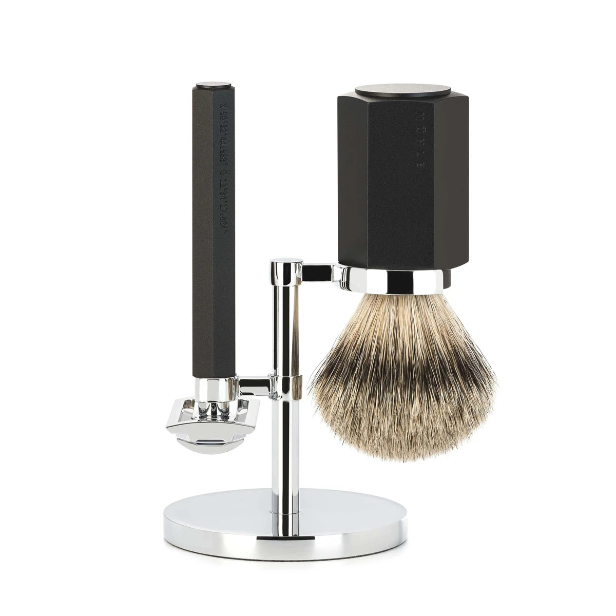M? Hle Shaving Mark Braun Barbersæt Med De Skraber  Silvertip Barberkost Og Holder  Hexagon  Aluminium Graphite