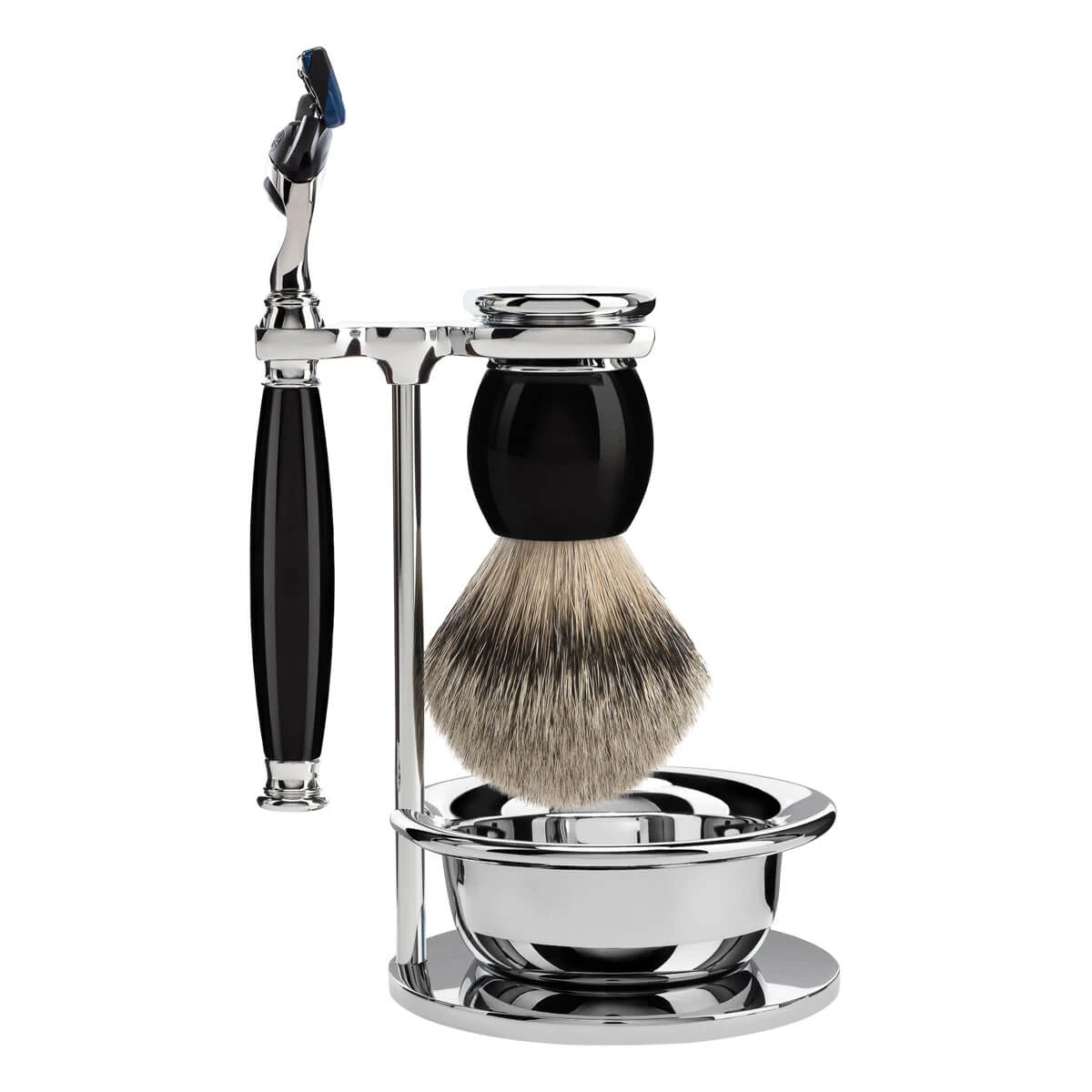 M? Hle Shaving Barbersæt Med Skraber  Silvertip Barberkost  Holder Og Skål  Sophist  Sort Kunstharpiks