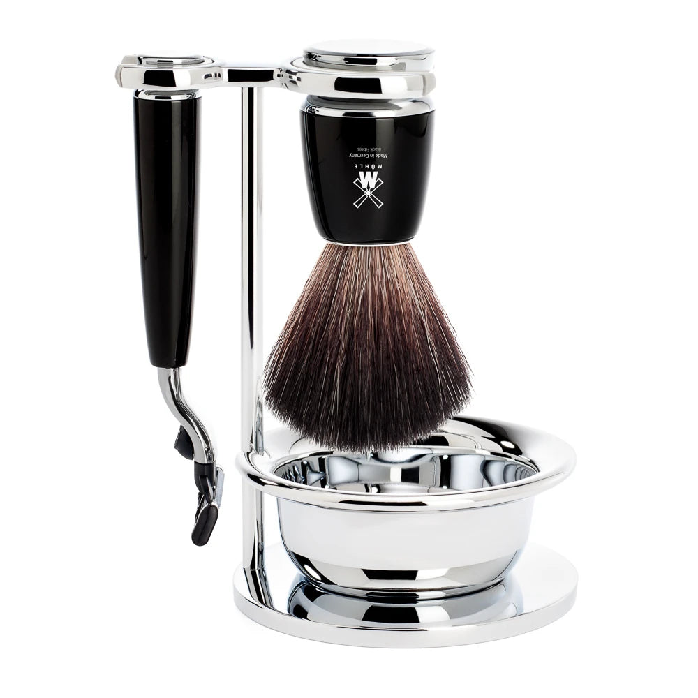 M? Hle Shaving Barbersæt Med Mach3 Skraber  Børste  Holder Og Skål  Rytmo  Sort Kunstharpiks