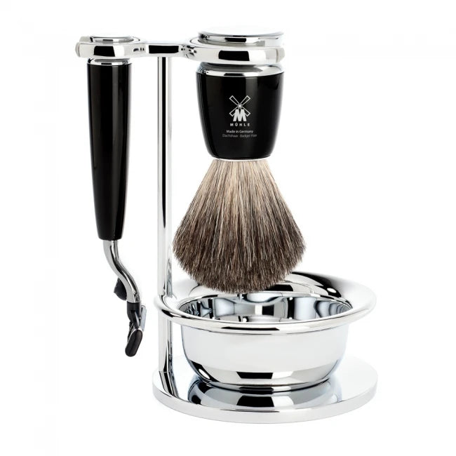M? Hle Shaving Barbersæt Med Mach3 Skraber  Barberkost  Holder Og Skål  Rytmo  Sort Kunstharpiks