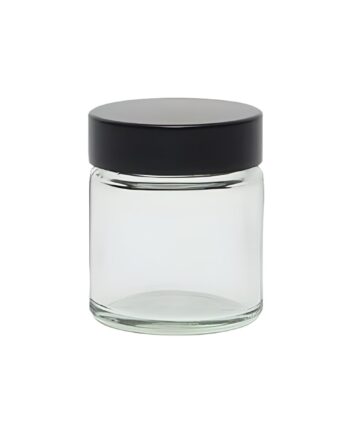 Glas Bøtte 30 Ml Klar Med Sort Skruelåg  Kartonpude  Tæt Lukning   Hedenhus   Perfekt Til Cremer Og Lotions  H 49 Mm  ø 40 Mm