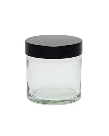 Glasbøtte 60 Ml Klar Med Sort Skruelåg Og Tætningspude   Højde 55 Mm  Diameter 51 Mm   Hedenhus   Tæt Lukning Mod Lækage