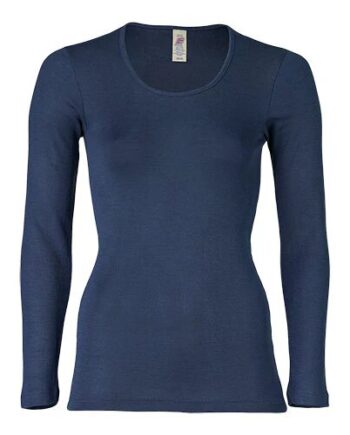 Langærmet Bluse  Uld Silke  Navy  Str  42 44