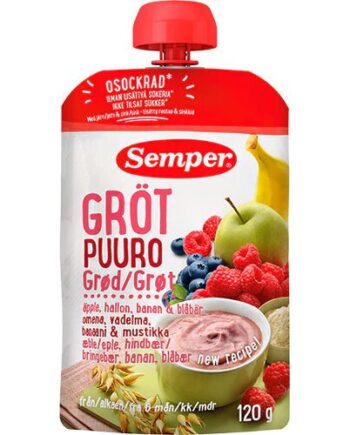 Grød Med æble  Hindbær  Banan  Blåbær Fra 6 Mdr    120 Gram