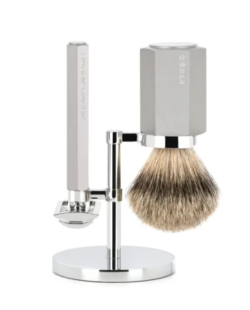M? Hle Shaving Mark Braun Barbersæt Med De Skraber  Silvertip Barberkost Og Holder  Hexagon  Sølv Aluminum