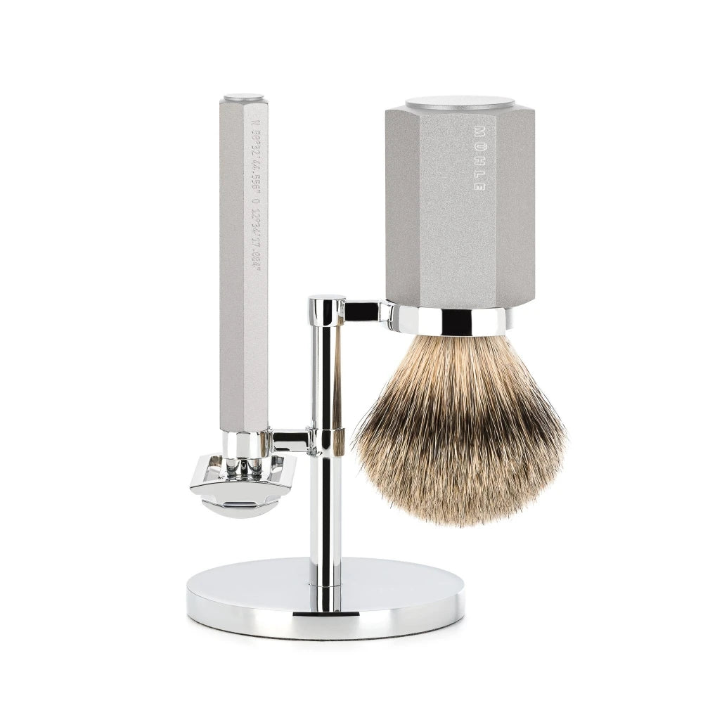 M? Hle Shaving Mark Braun Barbersæt Med De Skraber  Silvertip Barberkost Og Holder  Hexagon  Sølv Aluminum