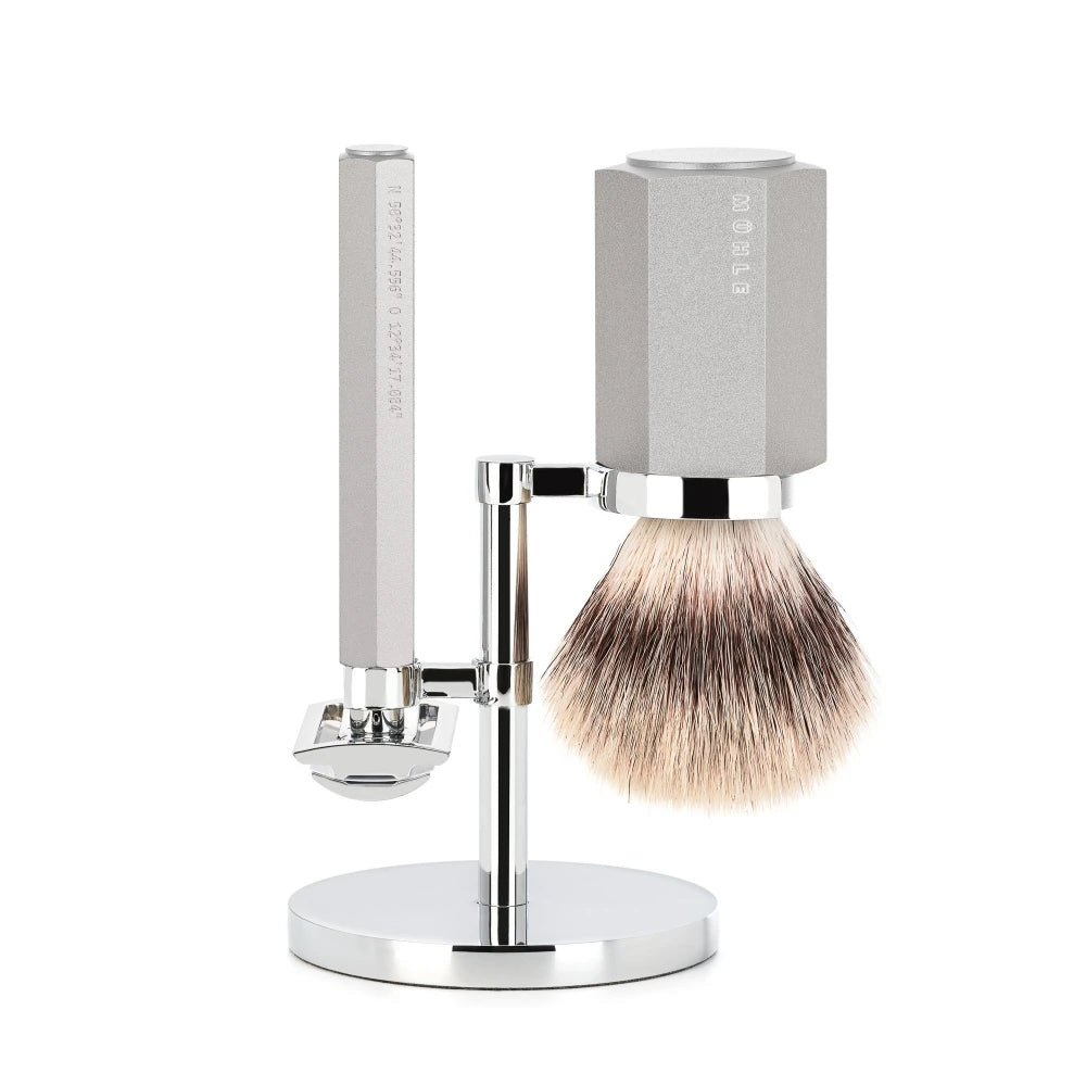 M? Hle Shaving Mark Braun Barbersæt Med De Skraber  Barberkost Og Holder  Hexagon  Sølv Aluminum