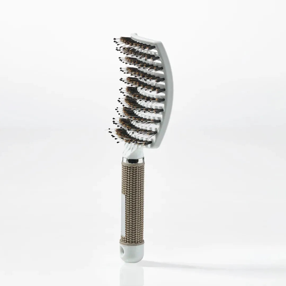 Curved Paddle Brush   Hårbørste Med Vildsvinehår   Hvid
