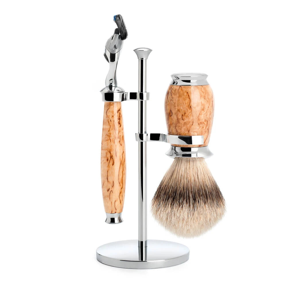 M? Hle Shaving Barbersæt Med Skraber  Barberkost Og Holder  Purist  Karelian Burl Birk
