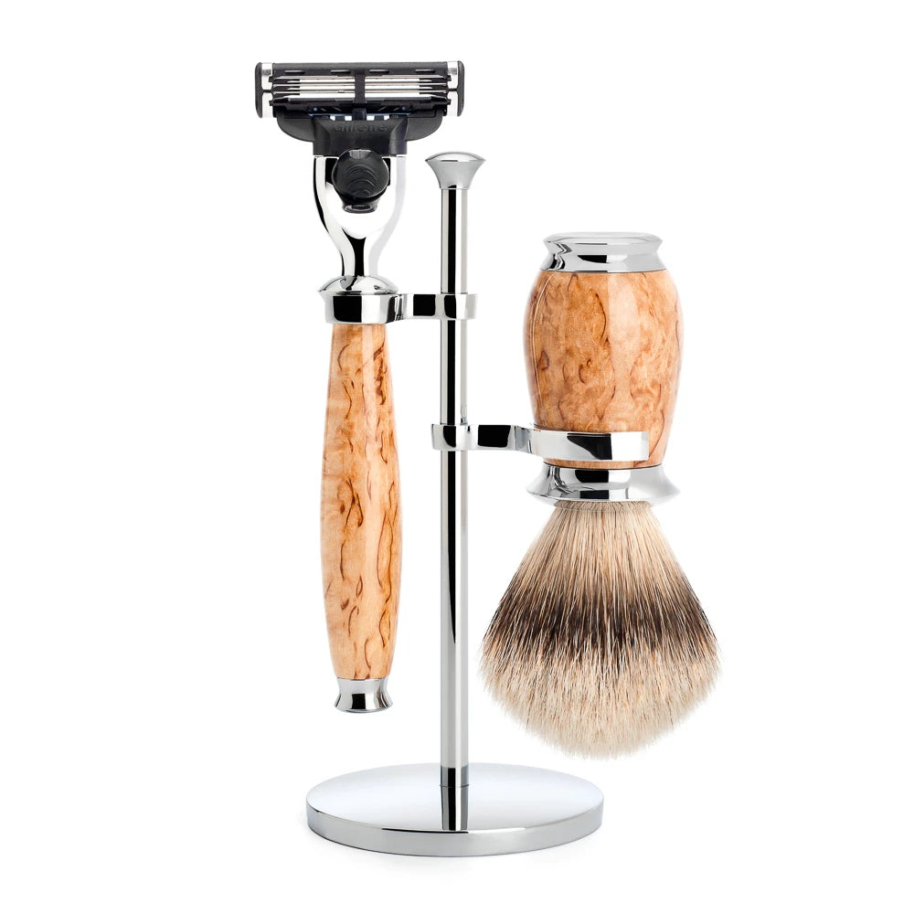 M? Hle Shaving Barbersæt Med Mach3 Skraber  Barberkost Og Holder  Purist  Karelian Burl Birk