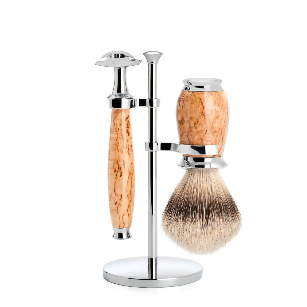 M? Hle Shaving Barbersæt Med De Skraber  Silvertip Barberkost Og Holder  Purist  Karelian Burl Birk