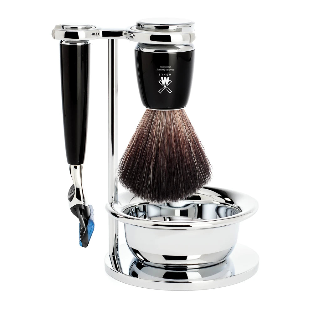 M? Hle Shaving Barbersæt Med Fusion Skraber  Børste  Holder Og Skål  Rytmo  Sort Kunstharpiks