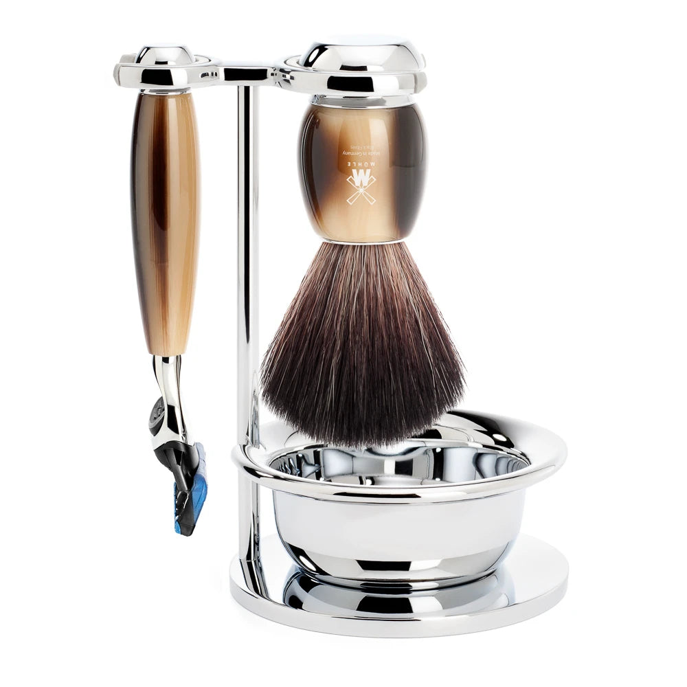 M? Hle Shaving Barbersæt Med Fusion Skraber  Fibre Barberkost  Holder Og Skål  Vivo  Brunt Horn
