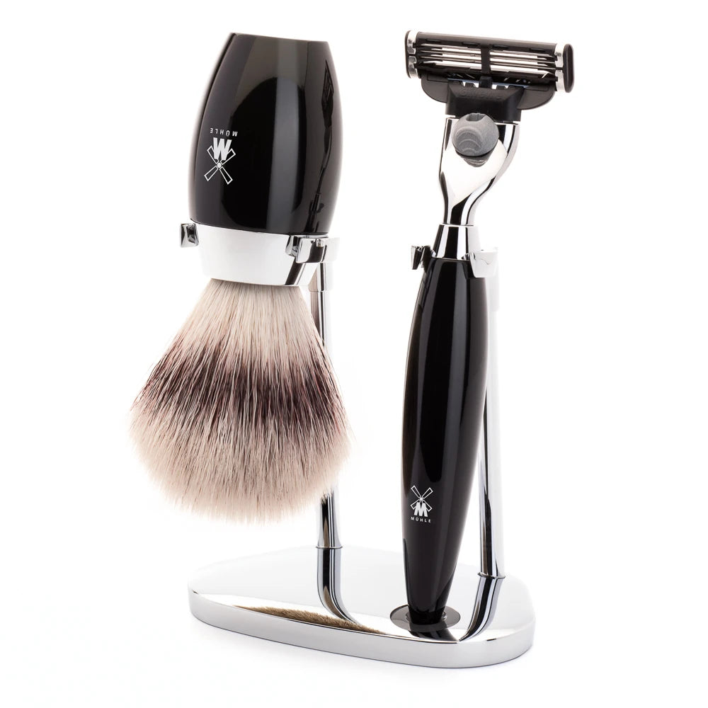 M? Hle Shaving Barbersæt Med Mach3 Skraber  Børste Og Holder  Kosmo  Sort Kunstharpiks