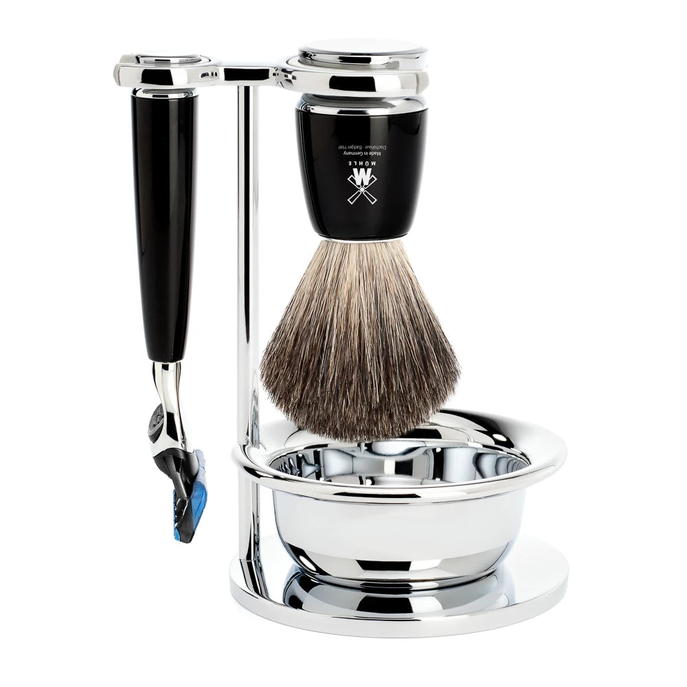 M? Hle Shaving Barbersæt Med Skraber  Barberkost  Holder Og Skål  Rytmo  Sort Kunstharpiks