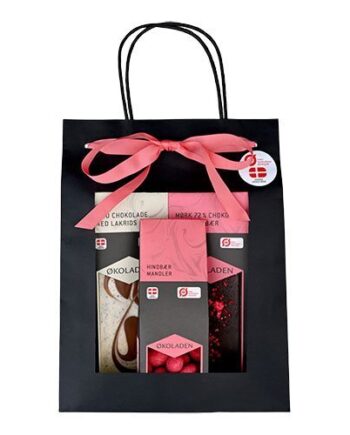 Gourmet Gavepose Pink ø M  2 Chokoladeplader Samt Drag? E Mandler  240g