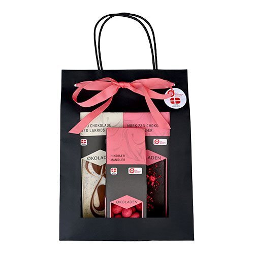 Gourmet Gavepose Pink ø M  2 Chokoladeplader Samt Drag? E Mandler  240g