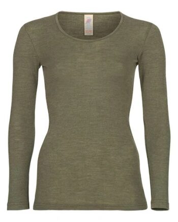 Langærmet Bluse  Uld Silke  Olive  Str  34 36